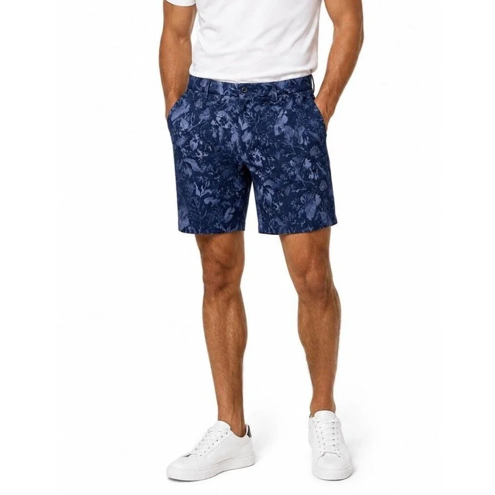 NWT BUGATCHI Theo Floral Indigo Print Oooh Cotton Shorts Blue Size 38 Hawaiian